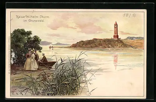 Künstler-AK Berlin-Grunewald, Ruderboot am Ufer mit Blick zum kaiser Wilhelm-Turm