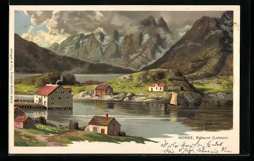 Lithographie Raftsund /Lofoten, Ortspartie am Wasser