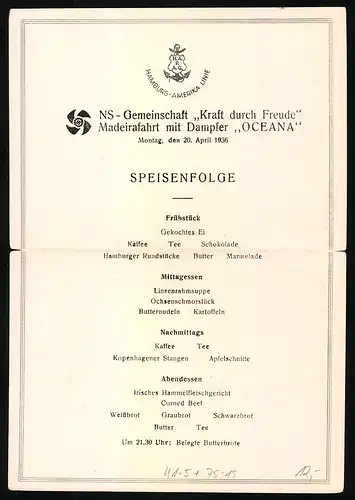 Klapp-AK NSG Kraft durch Freude Madeirafahrt mit Passagierschiff Oceana, Menükarte vom 20.04.1936