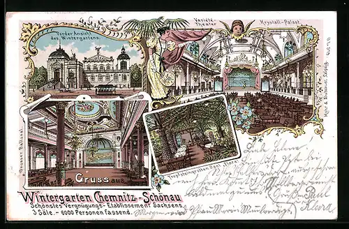 Lithographie Chemnitz-Schönau, Strassenbahn am Gasthaus Wintergarten, Krystall-Palast