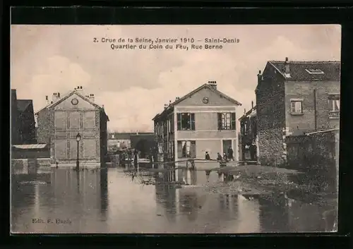AK Saint-Denis, crue de la seine 1910, quartier du coin du feu, rue berne
