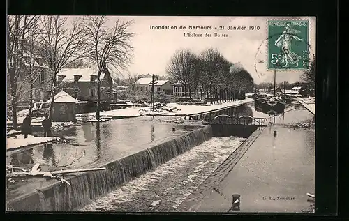 AK Nemours, inondations 1910, L`Ecluse des Buttes, Hochwasser
