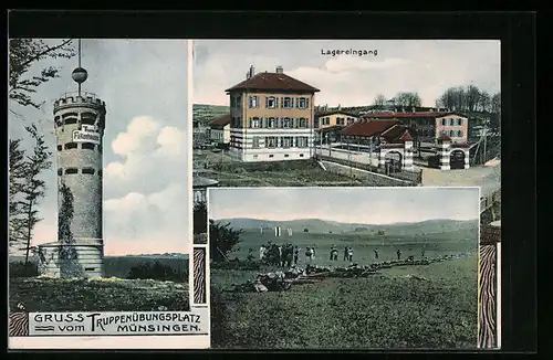 AK Münsingen, Truppenübungsplatz, Turm Falkenhausen, Soldaten auf einer Wiese, Ortspartie