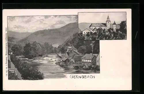 AK Gernsbach, Ortsansicht mit Fluss, Kirche