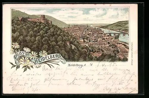 Vorläufer-Lithographie Heidelberg, 1895, Panoramablick auf Stadt und Neckar
