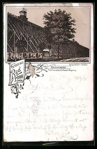 Vorläufer-Lithographie Bad Elmen, 1893, Darstellung vom Gradierwerk