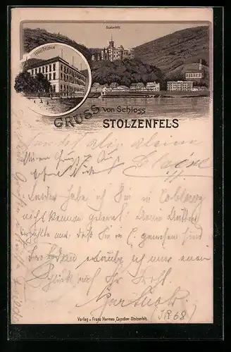 Vorläufer-Lithographie Stolzenfels, 1895, Hotel Bellevue, Panorama mit Schloss