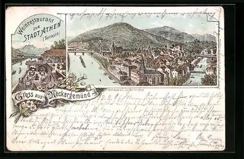 Lithographie Neckargemünd, Weinrestaurant zur Stadt Athen, Panorama