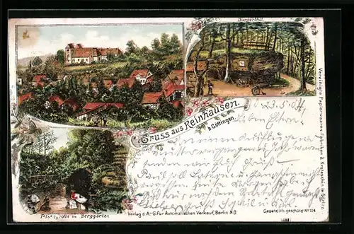 Lithographie Reinhausen, Felsengrotte im Berggarten, Bürgerthal, Ortsansicht