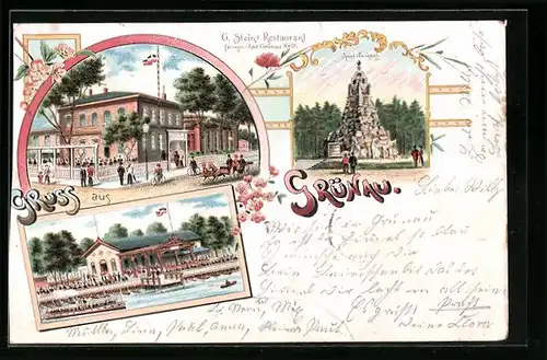 Lithographie Grünau, G. Steins Restaurant, Sport-Denkmal