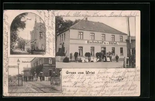AK Wrist, Bahnhofs-Hotel, Bahnhof von der Gleisseite, Post