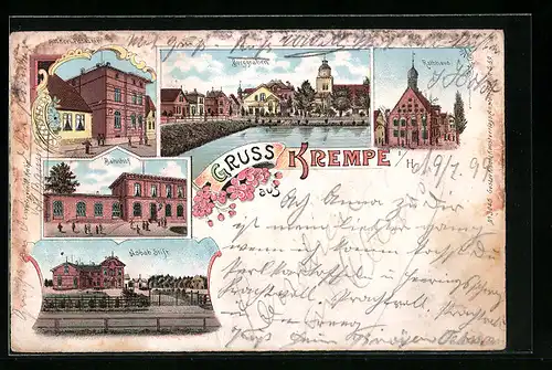 Lithographie Krempe i. H., Asbab-Stift, Rathaus, Bahnhof