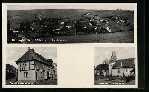 AK Helmighausen /Waldeck, Gasthof Weishaupt, Kirche mit Pfarrhaus