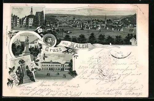 Lithographie Aalen, Bahnhof, Krieger-Denkmal, Schubart-Denkmal