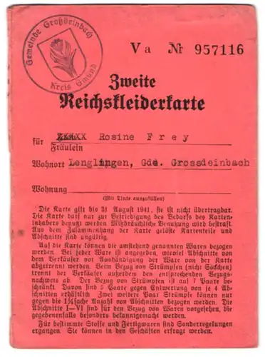 Zweite Reichskleiderkarte Grossdeinbach, Inh: Rosine Frey, einige Marken entfernt