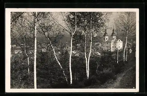 AK Zamberk, Ortsansicht mit Kirche aus der Vogelschau