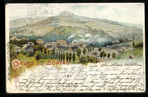 Lithographie Zöptau, Gesamtansicht mit rauchenden Schornsteinen und Bergblick