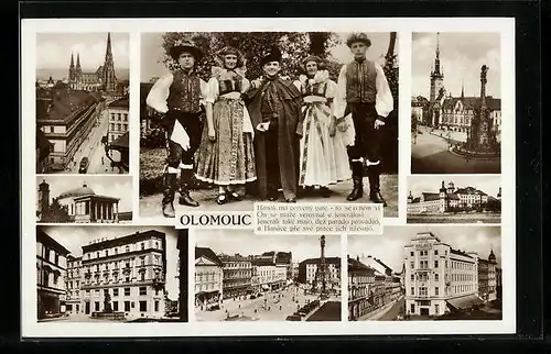 AK Olomouc, Hotel Palace, Kirche, Strassenpartie, Tschechen in Tracht