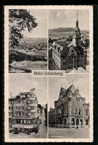 AK Mähr. Schönberg, Bahnhofstrasse, Vereinshaus, Gesamtansicht