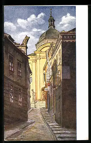 Künstler-AK Olomouc, Michalská ulice s kostelem
