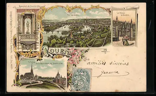 Lithographie Rouen, Monument de Jeanne d`Arc, Le Palaisde Justice