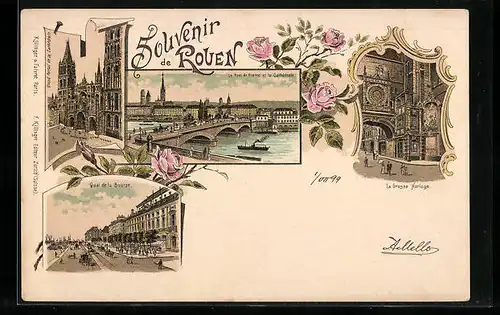 Lithographie Rouen, le Pont de Pierre et la Cathedrale, La Grosse Horloge, Quai de la Bourse