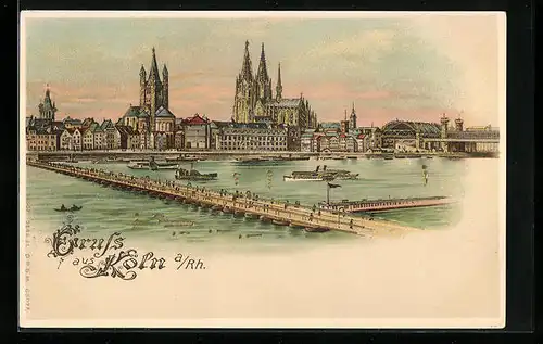 Lithographie Köln a. Rh., Ortsansicht mit Steg