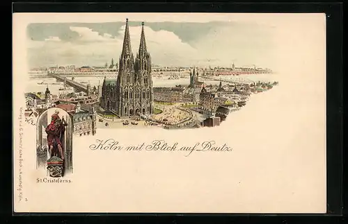 Lithographie Köln, Ortsansicht mit Blick auf Deutz und St. Cristoforus