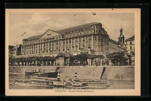 AK Koblenz, Grand-Hotel Bellevue, Dampfer