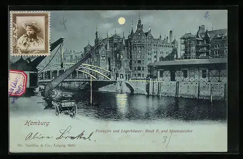 Mondschein-AK Hamburg, Freihafen und Lagerhäuser, Block E. und Staatsspeicher