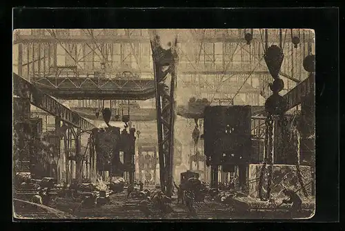 AK Essen /Ruhr, Krupp`s Fabrik, Innenansicht mit Fabrikarbeitern