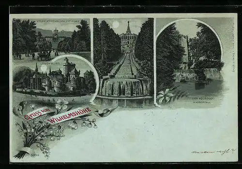 Mondschein-Lithographie Kassel, Wilhelmshöhe von der Allee, Löwenburg, Aquaduct-Wasserfall