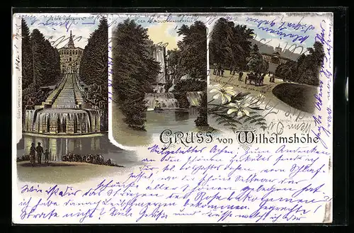 Lithographie Kassel, Wilhelmshöhe, Cascaden, Aquaduct-Wasserfall