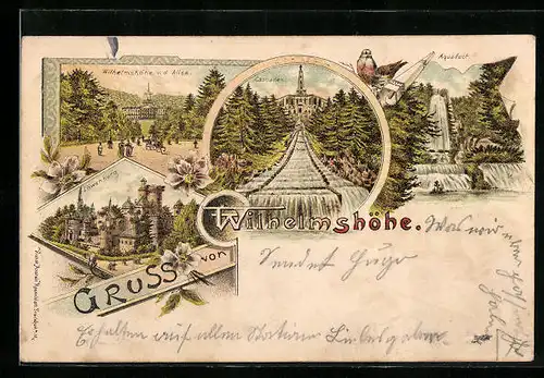 Lithographie Kassel-Wilhelmshöhe, Cascaden, Aquaduct, Löwenburg