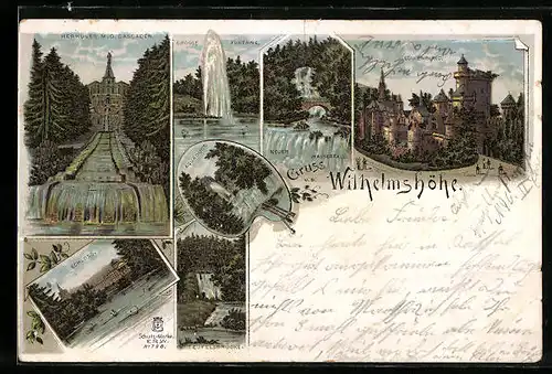 Lithographie Kassel, Wilhelmshöhe, Schloss, Teufelsbrücke