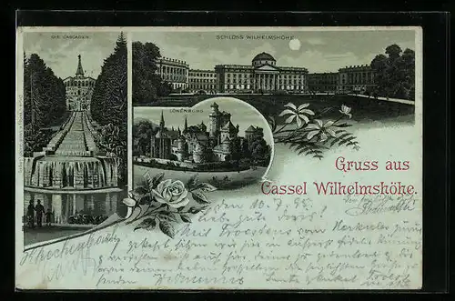 Lithographie Cassel-Wilhelmshöhe, Löwenburg, Die Cascaden, Schloss