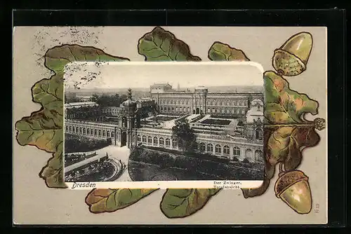Passepartout-Lithographie Dresden, Totalansicht vom Zwinger im Eichenblatt