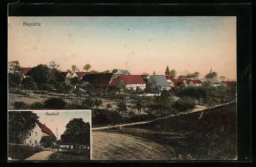 AK Heynitz, Ortsansicht aus der Vogelschau, Gasthof