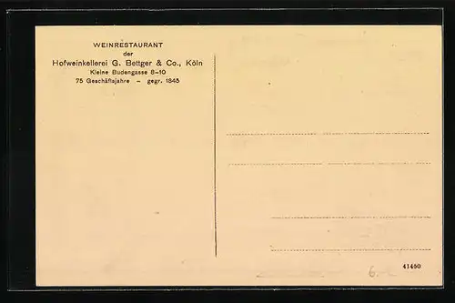 AK Köln, Weinrestaurant der Hofweinkellerei G. Bettger & Co., Kleine Budengasse 8-10, Altdeutsche Renaissance-Säle