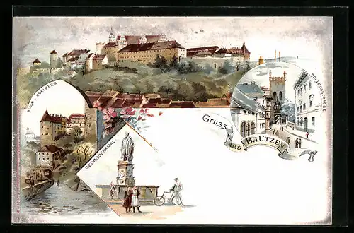 Lithographie Bautzen, Strassenpartie, Blick v. Eselberg u. Georgdenkmal
