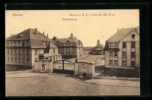 AK Bautzen, Kaserne d. K. S. 2. Feld-Art.-Rgt. Nr. 28, Haupteingang