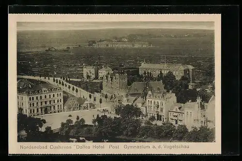 AK Cuxhaven, Blick auf Dolles Hotel, Post, Gymnasium a. d. Vogelschau
