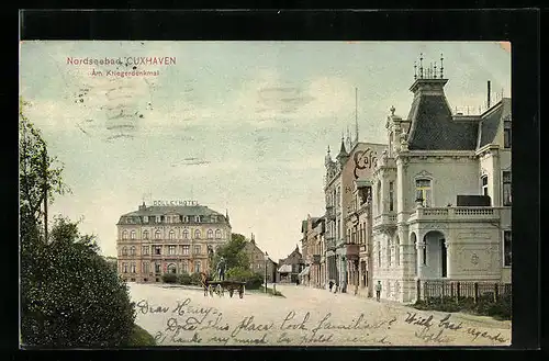 AK Cuxhaven, am Kriegerdenkmal mit Blick auf Dölles Hotel