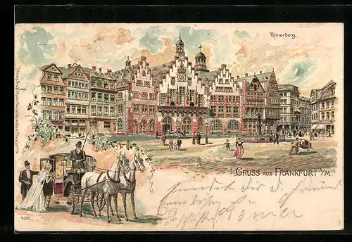 Lithographie Frankfurt a. M., Marktplatz mit Hochzeitskutsche