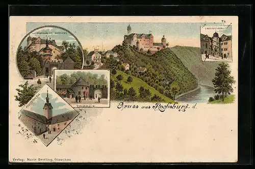 Lithographie Rochsburg, Schlossansicht, Torhaus u. Pulverturm