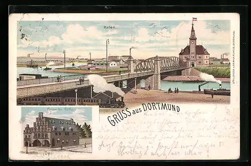 Lithographie Dortmund, Hafen und renoviertes Rathaus