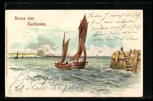 Lithographie Cuxhaven, Segelboot am Hafen