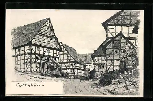 Künstler-AK Gottsbüren, Strassenpartie mit Fachwerk