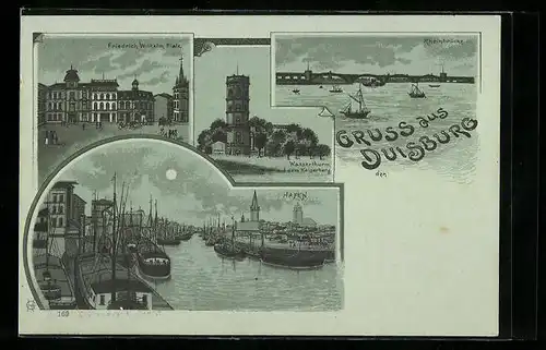 Mondschein-Lithographie Duisburg, Hafen, Rheinbrücke und Friedrich Wilhelm-Platz