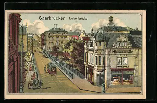 Lithographie Saarbrücken, Luisenbrücke mit Strassenbahn
